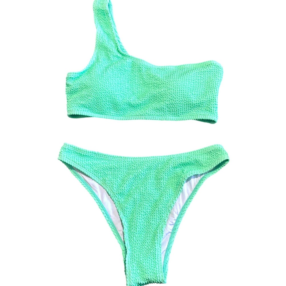 Womens One Shoulder Swimsuit Bikini Set Large Bright Mint Green Textured Stretch